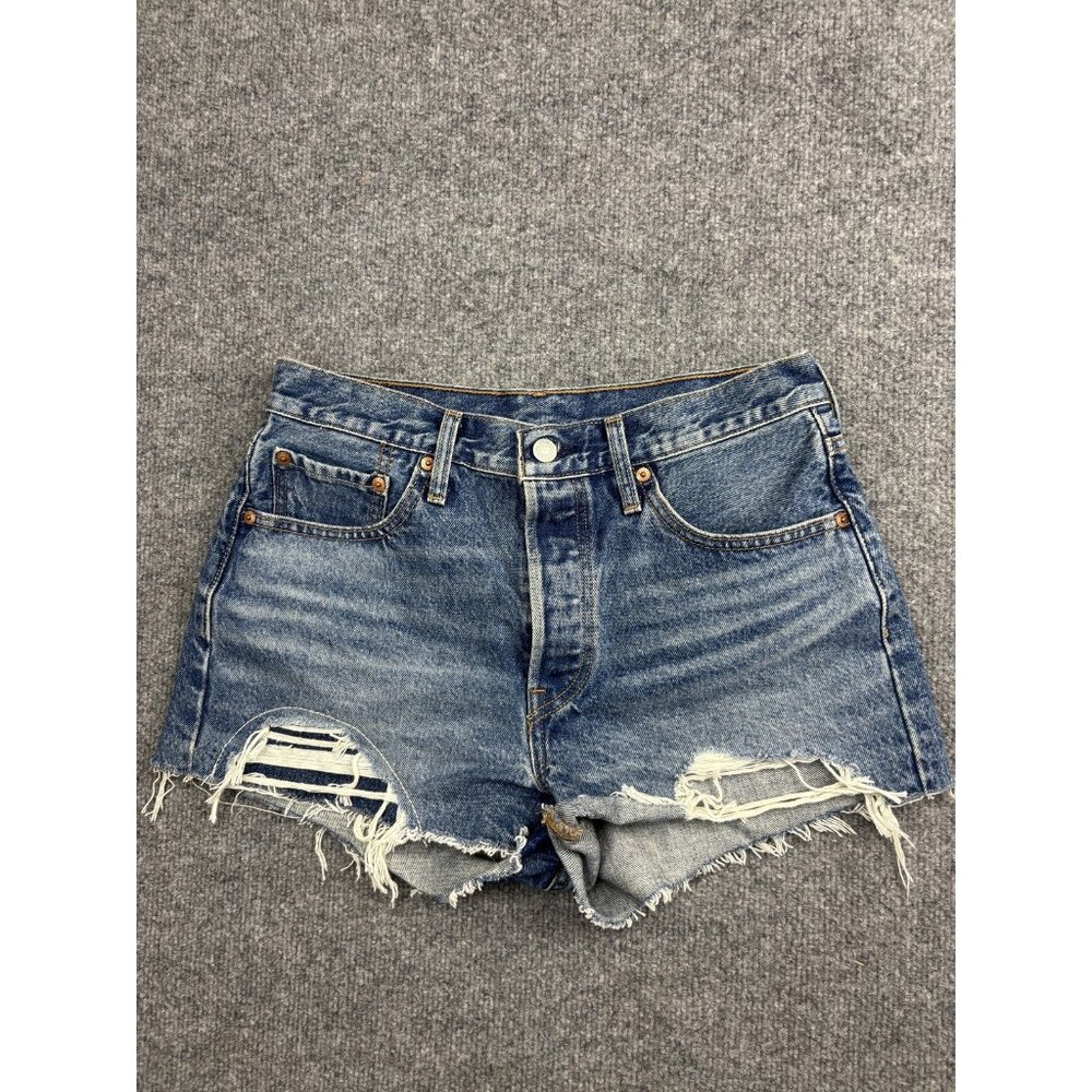 Levi's‎ 501 Shorts Womens 28 Blue Denim Cutoff Distressed Button Fly Raw Hem